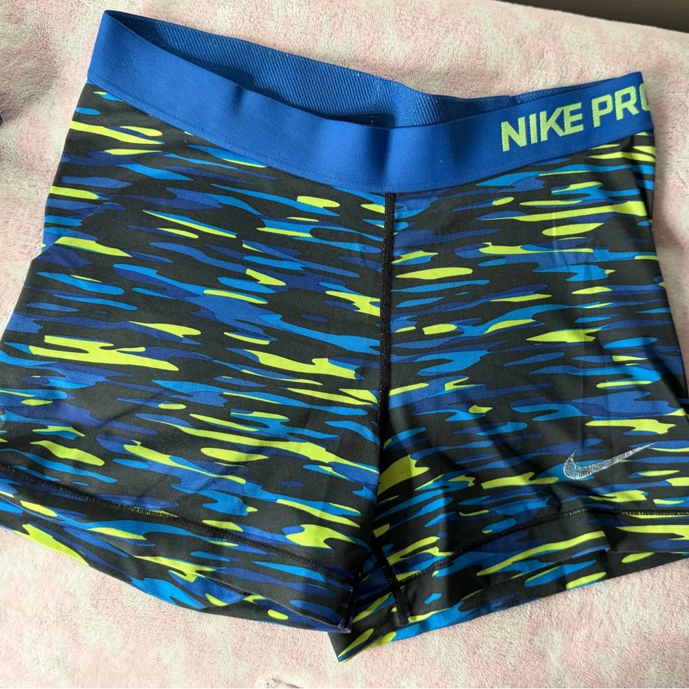 Nike Pro Camo Blue and Yellow Athletic Shorts